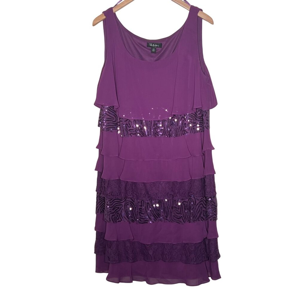 S.L. Fashions Womens Purple Layered Chiffon Dress Sequin & Lace Accents Size 18W
